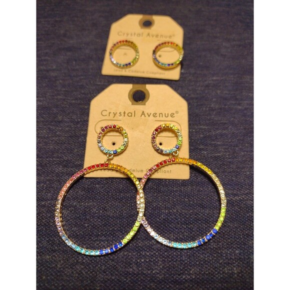 2 Sets Of Sphere  Earings Crystal Avenue Multi Color  Rhinestone Earings - Picture 1 of 6